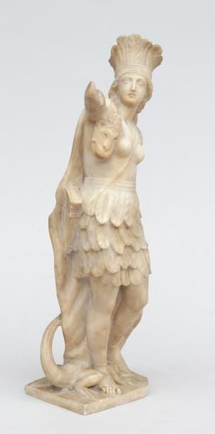 null Sculpture en albatre figurant un amérindien en pagne et coiffe de plumes (bras...
