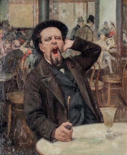 null ÉCOLE POST-IMPRESSIONNISTE, fin XIXe siècle

Buveur attablé dans un café animé

Huile...