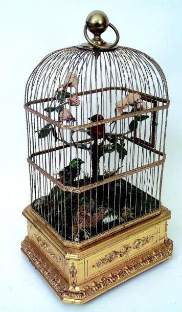 null Belle cage d'oiseaux en métal et bois doré à base rectangulaire de fabrication...
