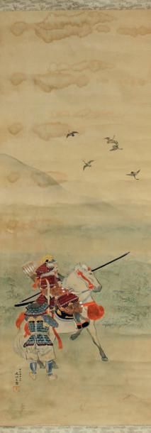 ECOLE JAPONAISE vers 1900 
Deux Samouraï, l'un au sol et l'autre à cheval
Peinture...