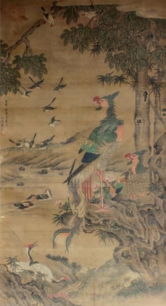 ÉCOLE CHINOISE fin XIXe siècle vers 1900 
Couple de phoenix dans un paysage lacustre...