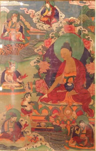 null TANKA sur tissu représentant le bouddha assis entouré de six disciples.
Chine,...