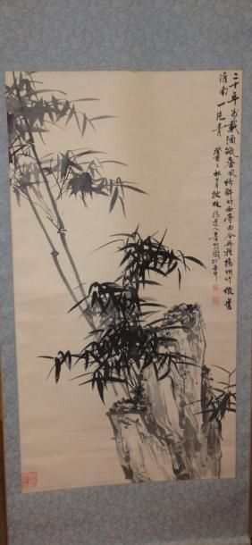 null PEINTURE sur papier fixé sur rouleau représentant un bosquet de bambou avec...
