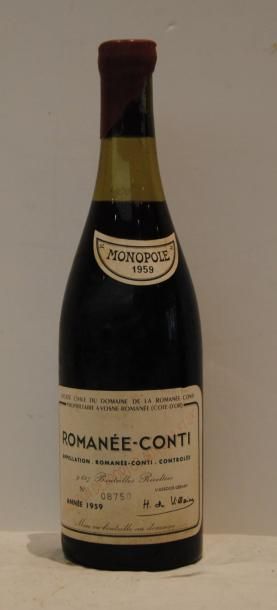 null 1 bout ROMANEE CONTI 1959 (cire abîmée, bouchon estampé, fêlure au verre au...