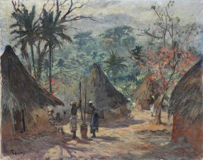 Henri JeanPONTOY (1888-1968) Villageoises pilant le mil dans un village en Guinée.
Huile...