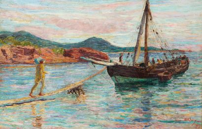 Léon DETROY (1857/1955) Changement du voilier avant le départ
Huile sur toile, signée...