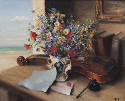 MARCEL DYF (1899-1985) Nature morte aux livres violons et bouquets de fleurs sur...