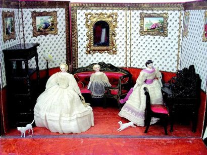 null Salon de poupées en cartonnage avec très beaux meubles miniatures en bois de...