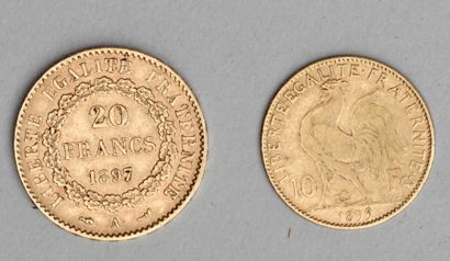 null Ensemble de deux monnaies en or dont une 20 francs République 1897 au genie...