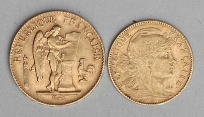 null Ensemble de deux monnaies en or dont une 20 francs République 1897 au genie...