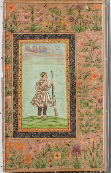 null Page d'ouvrage persan comprenant une miniature figurant un chasseur, et un texte...