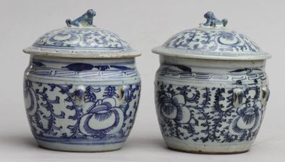 null Deux POTS couverts en porcelaine à décor en camaïeu de bleu floral stylisé,...