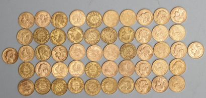 null Ensemble de 52 monnaies de 20 fr or dont 34 au Coq, 17 Napoléon III tête nue...