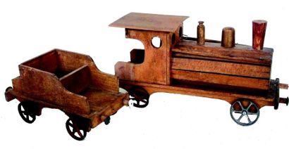 null -Charmant train de plancher en bois avec locomotive, tender, wagon postal et...