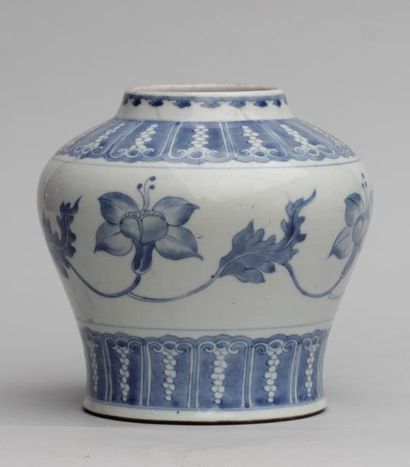 null VASE de forme pansue en porcelaine à décor en camaieu de bleu de fleurs et frises,...