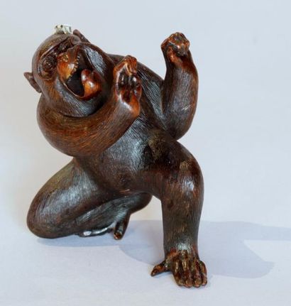 null OKIMONO en bois de buis teinté et finement sculpté représentant un singe effrayé...