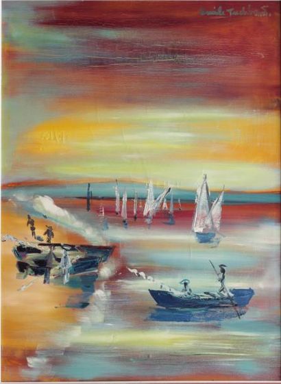 null Émile TUCHBAND (1933-2006)
Voiliers et barques en bord de mer
Huile signée en...
