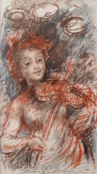 null Lucien-Philippe MORETTI (1922 - 2000)
Jeune fille au violon
Crayons de couleur...
