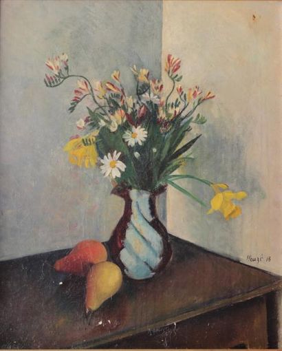null EDMONT HEUZE (1884 - 1967)
Vase balustre avec des fleurs des champs et deux...