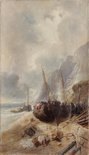 null ÉCOLE FRANÇAISE, fin du XIXe siècle
Voiliers et barques échoués auprès des falaises...