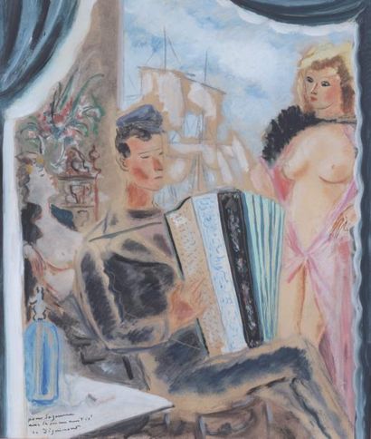 null André DIGNIMONT (1891-1965)
Marin jouant de l'accordéon et jeune femme en tenue...