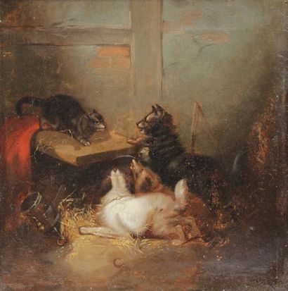 null ECOLE FRANCAISE XIXe siècle
Trois chiens traquant un chat dans une grange
Huile...