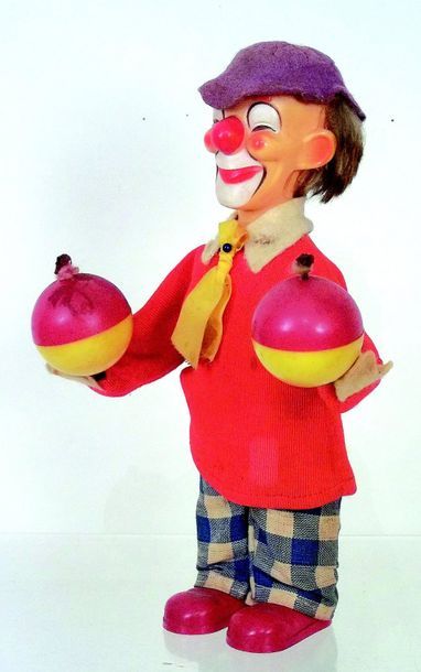 null -« Clown aux boules », amusant jouet mécanique en PVC et habillé, cheveux mohair...