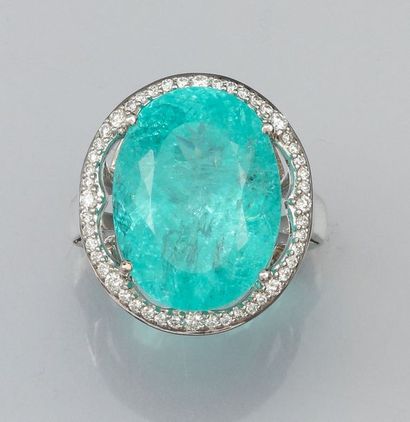 null Bague en or gris 750°/00, sertie d 'une tourmaline Paraíba de 15.01 carats,...