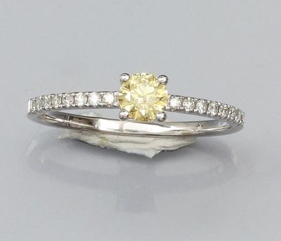 null Bague solitaire en or gris 750°/00 sertie d'un diamant jaune taille brillant...