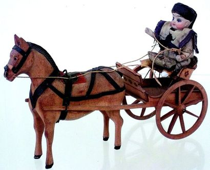 null -Petite charrette en bois fin attelée avec un cheval en bois sculpté, siège...