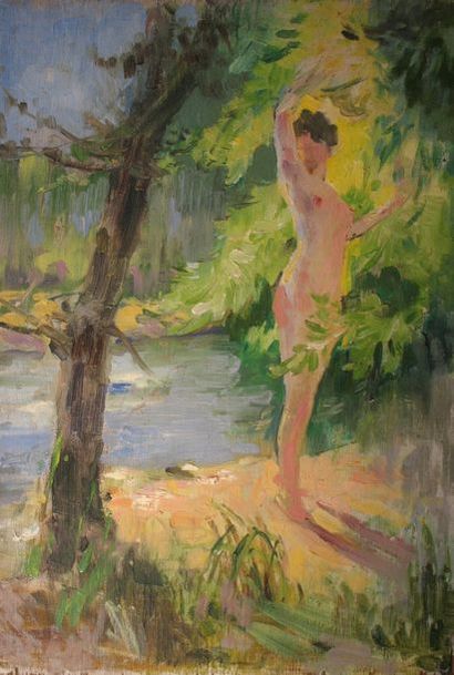 null Louis DELFAU ( 1871-1937 )
"Nu près de la rivière"
Huile sur panneau  22 x 32...