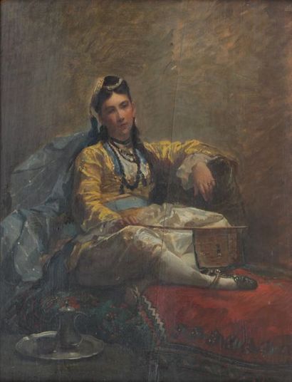 null ECOLE FRANCAISE DU XIXe SIECLE
Femme habillée à la turque assise sur un sofa...