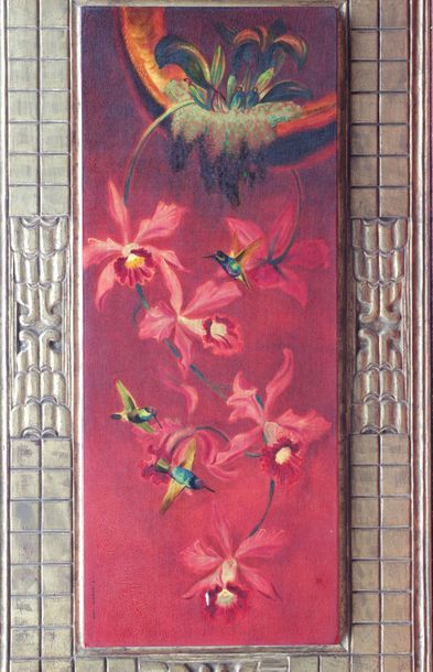 null André MARGAT (1903-1997)
Colibris auprès de fleurs
Panneau peint et laqué à...