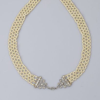  Collier ruban tissé de perles fines de 2-2,5 mm, terminé par des barrettes, ourlées...