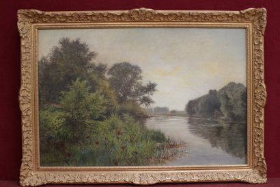 null Gabriel MATHIEU (1843-1921)
Bord de rivière avec barques
Huile sur toile signée...