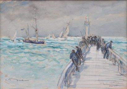 null Fernand TRUFFAUT (1866-1955)
 Voilier auprès de la jetée à Deauville
Aquarelle...