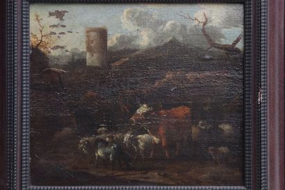 null ECOLE HOLLANDAISE seconde moitié du  XVIIe siècle
Vache et moutons dans un paysage...