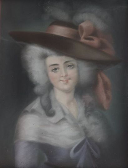 null ECOLE FRANCAISE DU XIXE SIECLE 
Portrait en buste d'une jeune femme au chapeau
Pastel,...