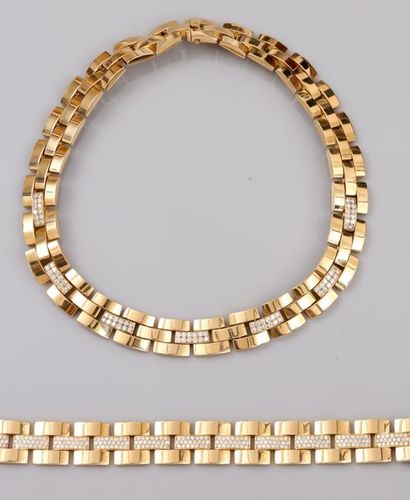 null Parure en or jaune 750°/00 et diamants comprenant un bracelet (17cm) et un collier...