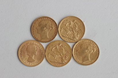 null Ensemble de 5 souverains or à l'effigie de la Reine Victoria 1868, 1872, 1876,...