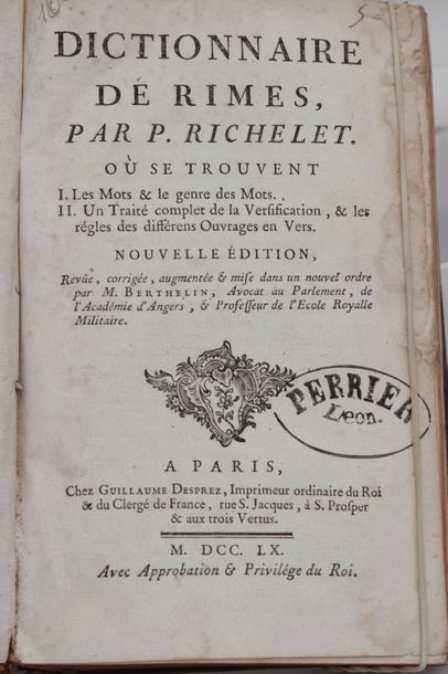 null RICHELET (Pierre) 1626-1698
Dictionnaire des Rimes. Paris, Chez Desprez, 1760;...