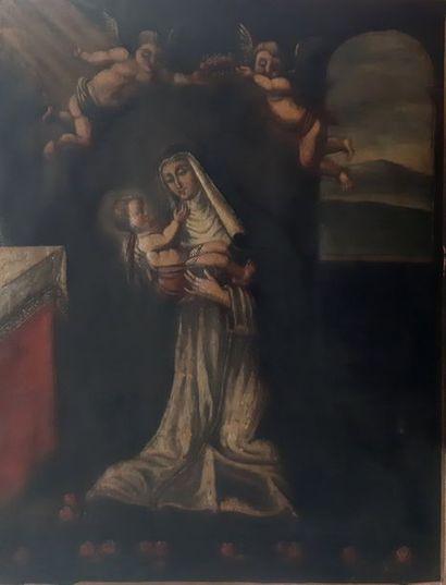 null ECOLE ETRANGERE XVIIIe / XIXe siècle
Vierge à l'Enfant entourée de deux angelots
Huile...
