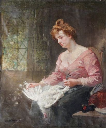 null Charles MONGINOT (1825-1900)
Jeune femme plumant une volaille dans un intérieur
Huile...