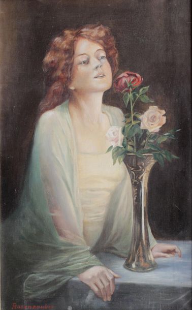 null ROSENZAUBER
Portrait de femme auprès d'un bouquet posé sur un guéridon
Huile...