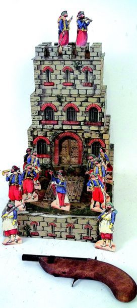 null «FORTERESSE» en carton chromolithographié à quatre étages avec zouaves en carton...