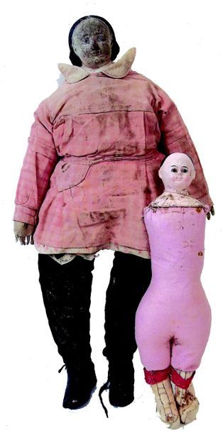 null Grande poupée ancienne avec buste en bois sculpté, visage sculpté et peint,...
