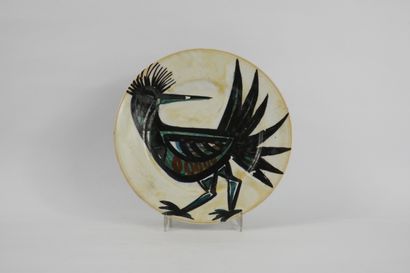 null Pirotte André (né en 1927) Assiette en céramique fond beige décor d'oiseau,...