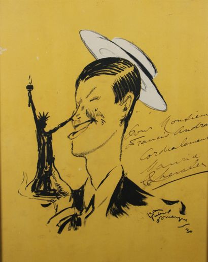  Jean-Gabriel DOMERGUE (1889-1962), d'après
Portrait de Maurice Chevalier tenant... Gazette Drouot