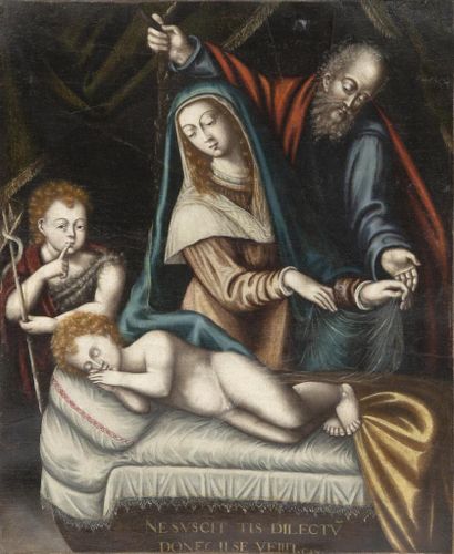 SPANISH SCHOOL OF THE 17TH CENTURY 

HOLY FAMILY WITH SAINT JOHN.

Oil on canvas

Remains... Gazette Drouot