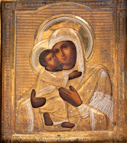  Vierge à l’enfant  Icône peinte sur bois à la rizla en argent doré 84 zolotniks...
